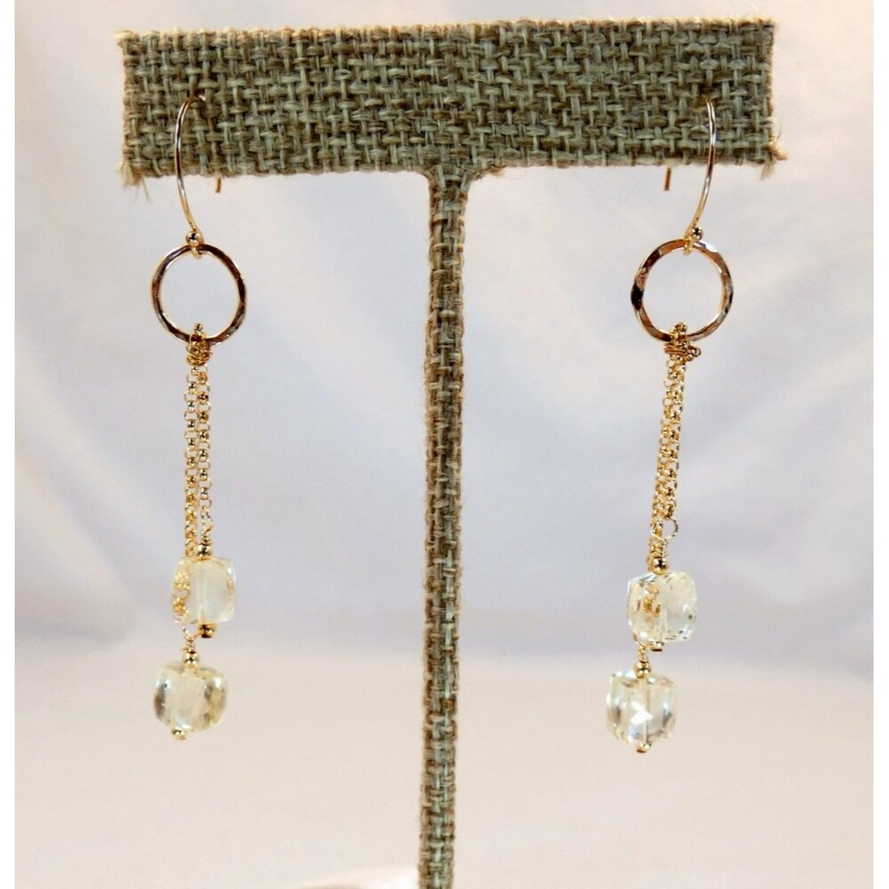 Yellow Quartz Cube Gemstone 14k Yellow Gold Fill Drop Earrings OOAK